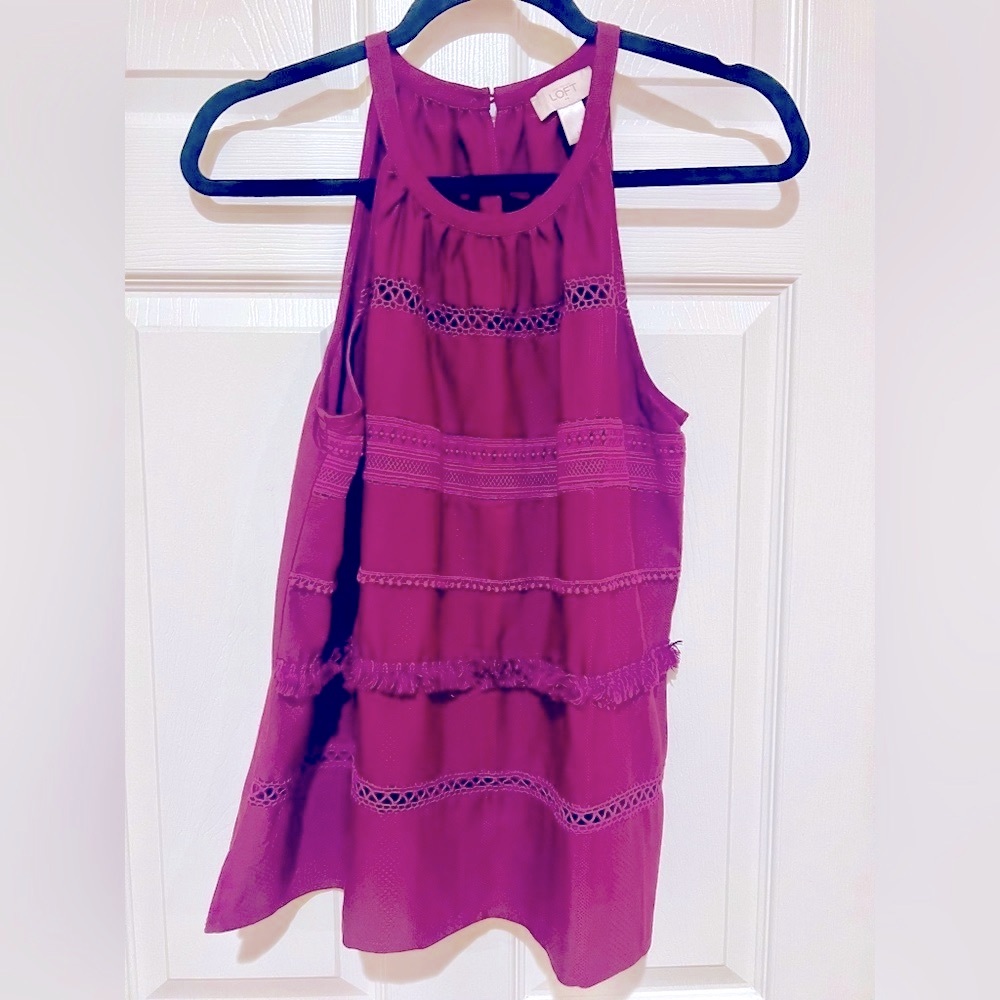 LOFT Deep Grape (not purple) Sleeveless Blouse with intricate material design.